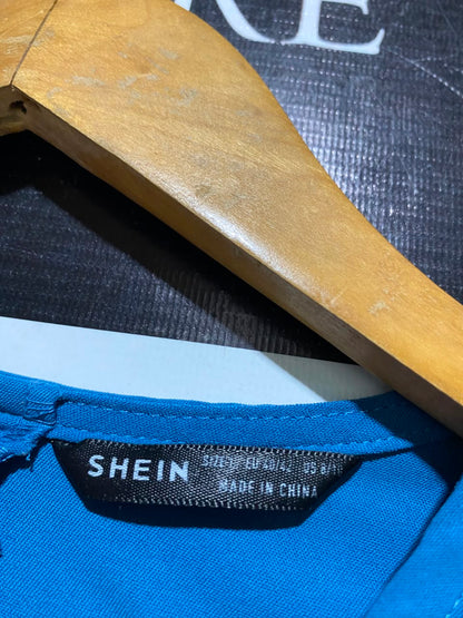 SHEIN |M| A6| TEAL BLUE RUFFLE-TRIMMED DRAWSTRING TUNIC TOP AND TROUSERS TWO-PIECE SET