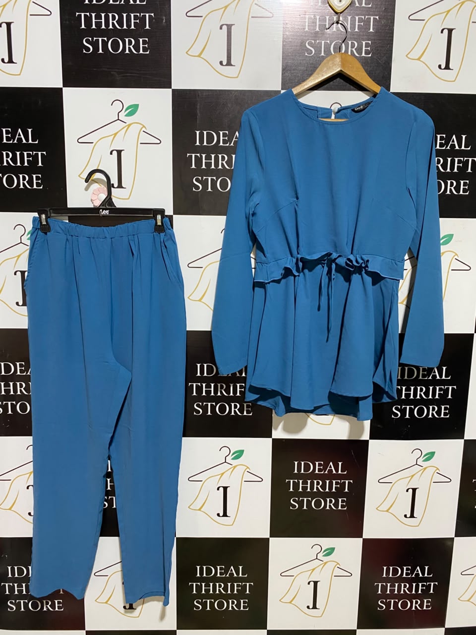 SHEIN |M| A6| TEAL BLUE RUFFLE-TRIMMED DRAWSTRING TUNIC TOP AND TROUSERS TWO-PIECE SET
