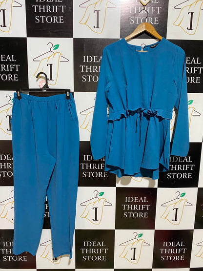 SHEIN |M| A6| TEAL BLUE RUFFLE-TRIMMED DRAWSTRING TUNIC TOP AND TROUSERS TWO-PIECE SET