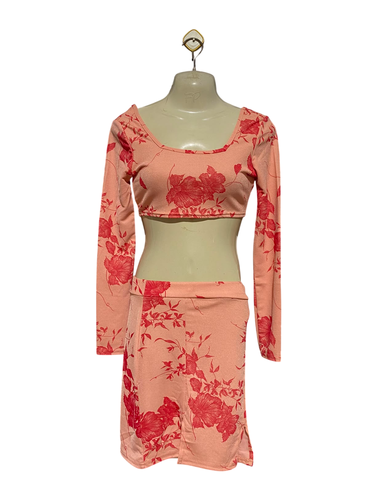 MISSGUIDED |S| A8| WOMEN'S PINK & RED FLORAL PRINT TWO-PIECE CROP TOP & SKIRT SET