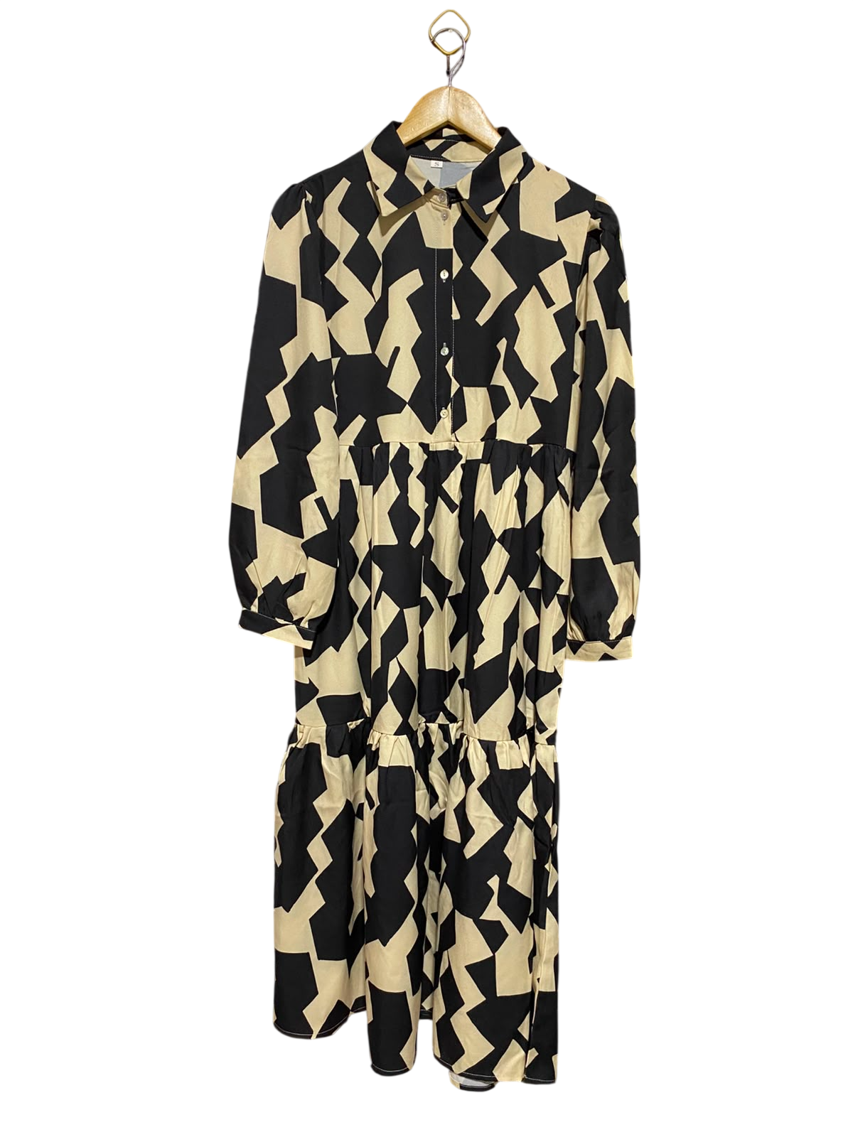 SHEIN |S| BUST 18| A8| WOMEN'S BLACK & BEIGE ABSTRACT GEOMETRIC TIERED SHIRT DRESS