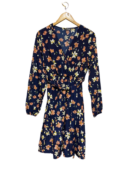 SHEIN |L| BUST 18| A8| NAVY BLUE FLORAL SURPLICE WAIST-TIE MINI DRESS