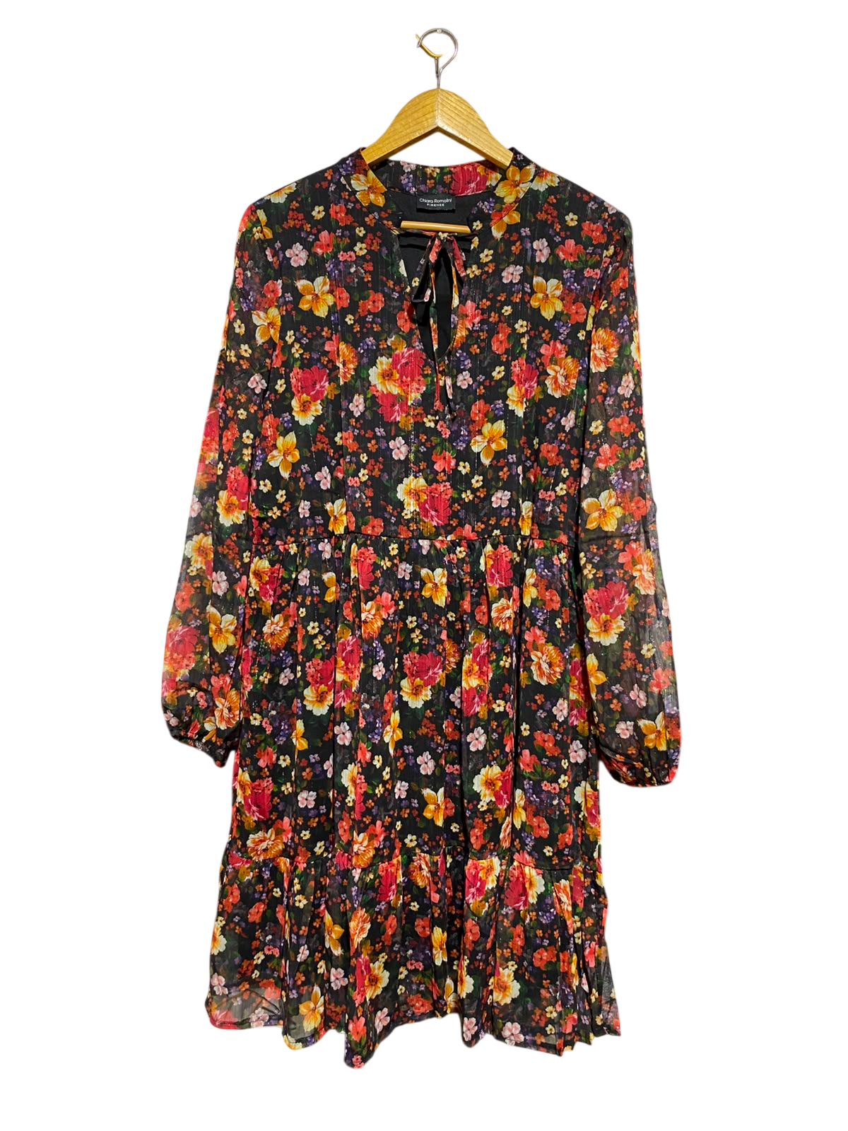 CHIARA ROMOLINI |L| BUST 21| A8| BLACK MULTICOLOR FLORAL TIE-NECK TIERED MINI DRESS