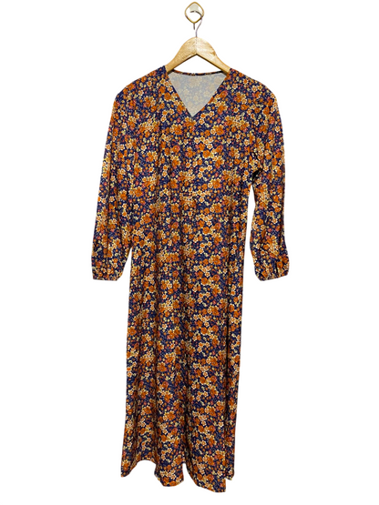 |L| BUST 19| A8| NAVY & ORANGE FLORAL PRINT LONG SLEEVE MAXI DRESS