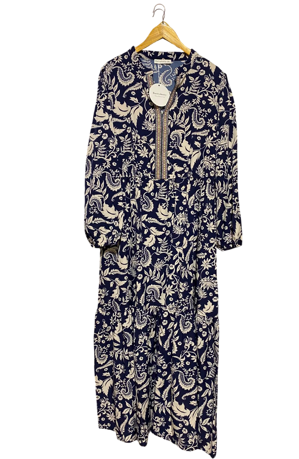 RUSTTY DUSTTY |XL| BUST 23| A8| NAVY BLUE & CREAM PAISLEY PRINT TIERED MAXI DRESS