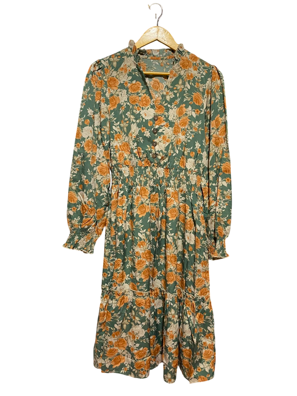 SHEIN |L| BUST 18| A8| SAGE GREEN & ORANGE FLORAL RUFFLE-COLLAR MIDI DRESS