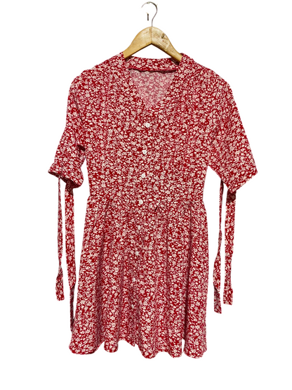 |S| BUST 16| A8| RED AND WHITE FLORAL PRINT SLEEVE-TIE MINI DRESS