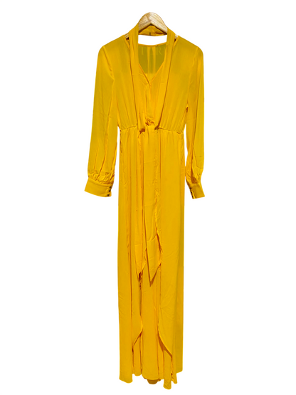 |M| BUST 17| A8| BRIGHT YELLOW FRONT-TIE LONG SLEEVE MAXI DRESS