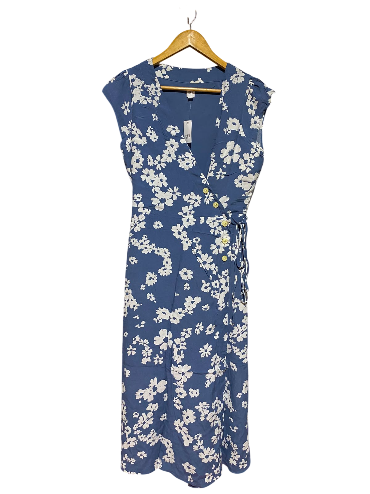 GAP |M| BUST 18| A8| BLUE AND WHITE FLORAL PRINT BUTTON-SIDE WRAP MIDI DRESS