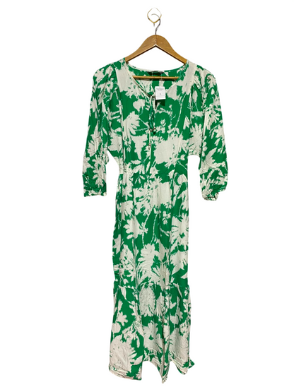 NUTMEG |M| BUST FREE| A8| GREEN AND WHITE ABSTRACT PRINT TIE-NECK MAXI DRESS