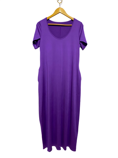 |L| BUST 19| A8| PURPLE SHORT SLEEVE V-NECK MAXI DRESS