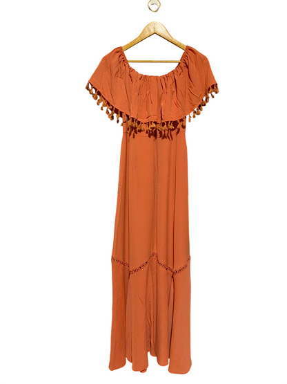 BOOHOO |S| BUST 15| A8| RUST ORANGE OFF-SHOULDER TASSEL MAXI DRESS
