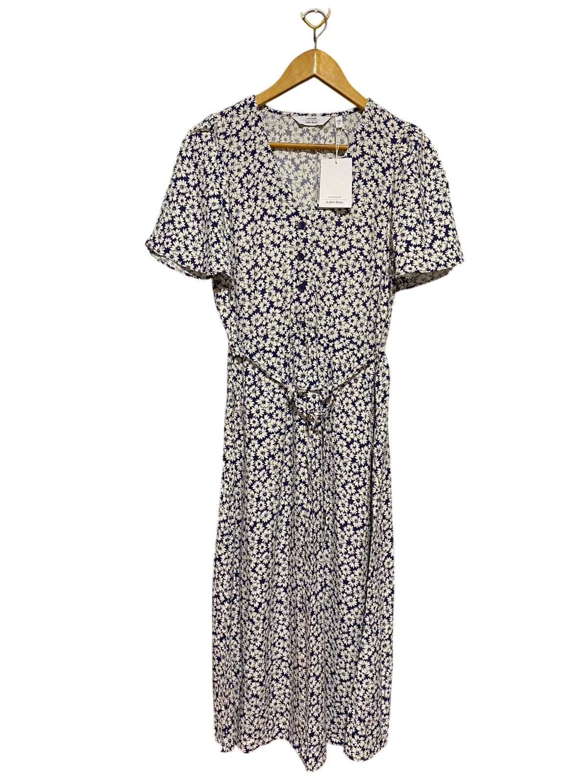 PARIS AYELIER |M| BUST 17| A8| NAVY AND WHITE DAISY FLORAL PRINT BUTTON-FRONT MIDI DRESS