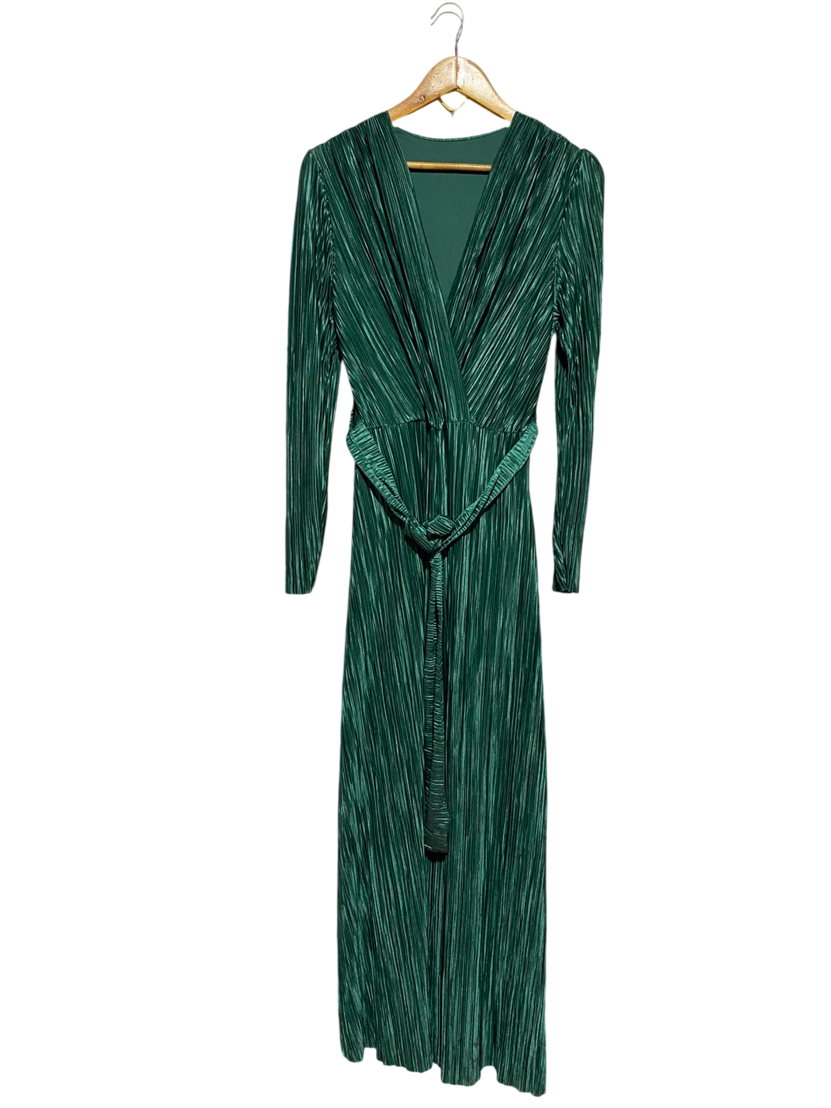 FARACCO |M| BUST 17| A8| EMERALD GREEN PLEATED WRAP LONG SLEEVE MAXI DRESS