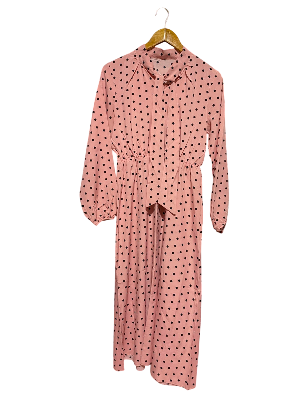 |M| BUST 17| A8| PINK POLKA DOT TIE-NECK LONG SLEEVE MAXI DRESS