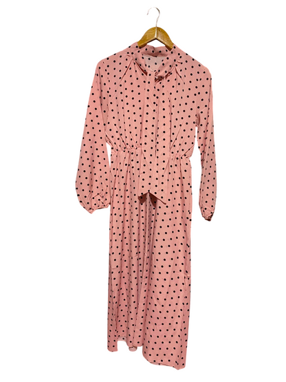 |M| BUST 17| A8| PINK POLKA DOT TIE-NECK LONG SLEEVE MAXI DRESS