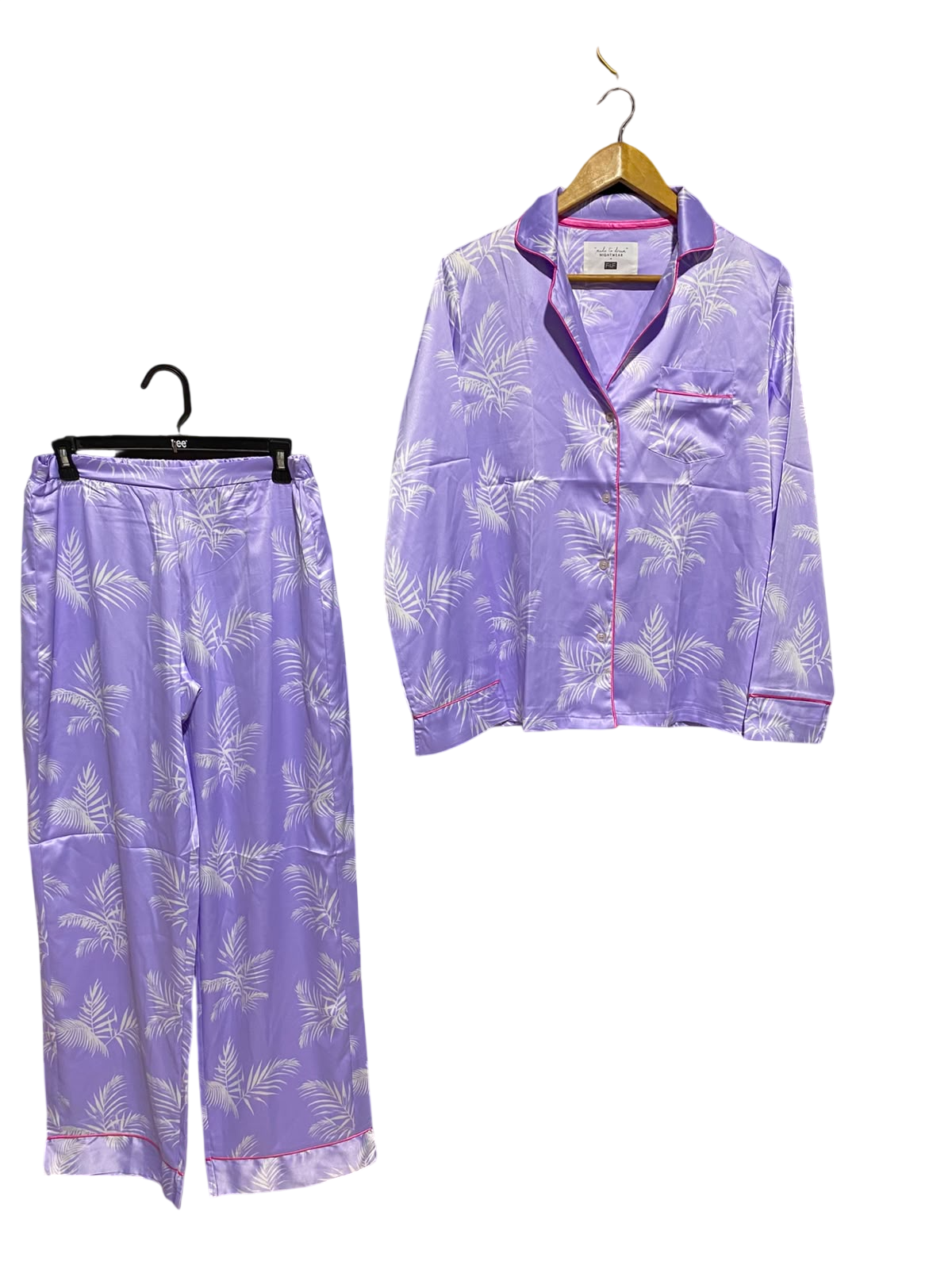 F&F |L| A8| LILAC TROPICAL LEAF PRINT SATIN LONG SLEEVE PAJAMA SET