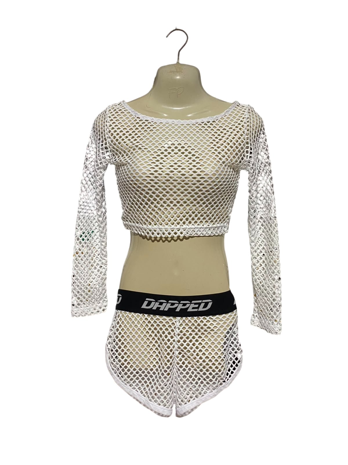 DAPPED |S| A8| WHITE LONG SLEEVE FISHNET MESH TWO-PIECE CROP TOP AND SHORTS SET