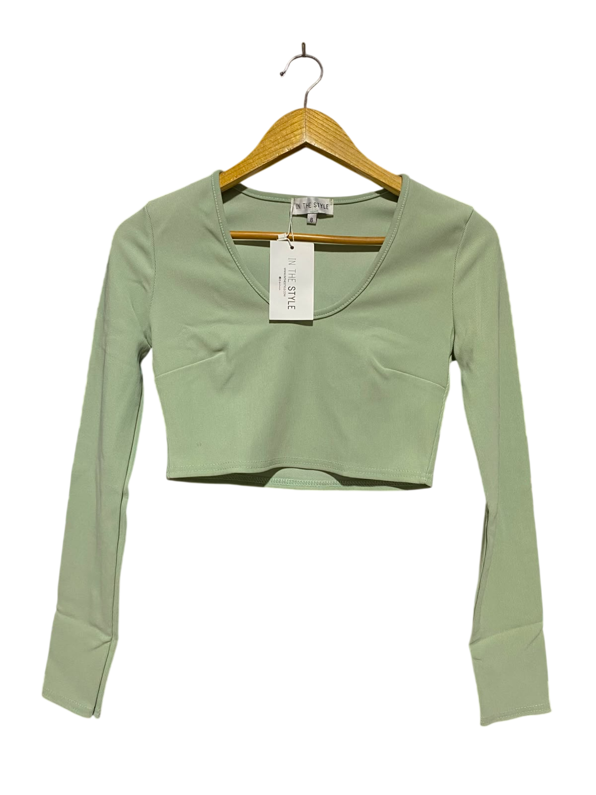 IN THE STYLE |S| BUST 15| A8| SAGE GREEN LONG SLEEVE V-NECK RIBBED CROP TOP