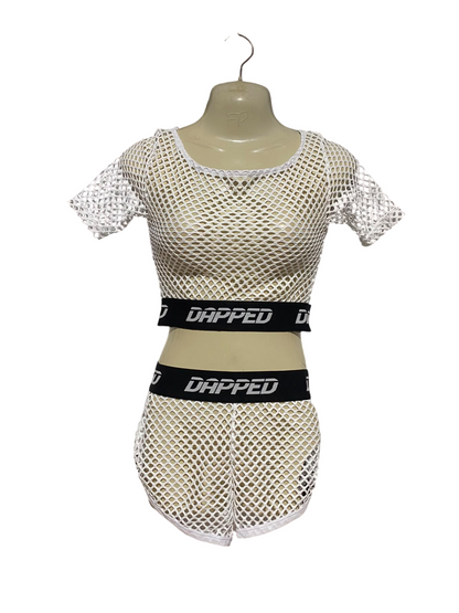 DAPPED |S| A8| WHITE FISHNET MESH TWO-PIECE CROP TOP AND SHORTS SET
