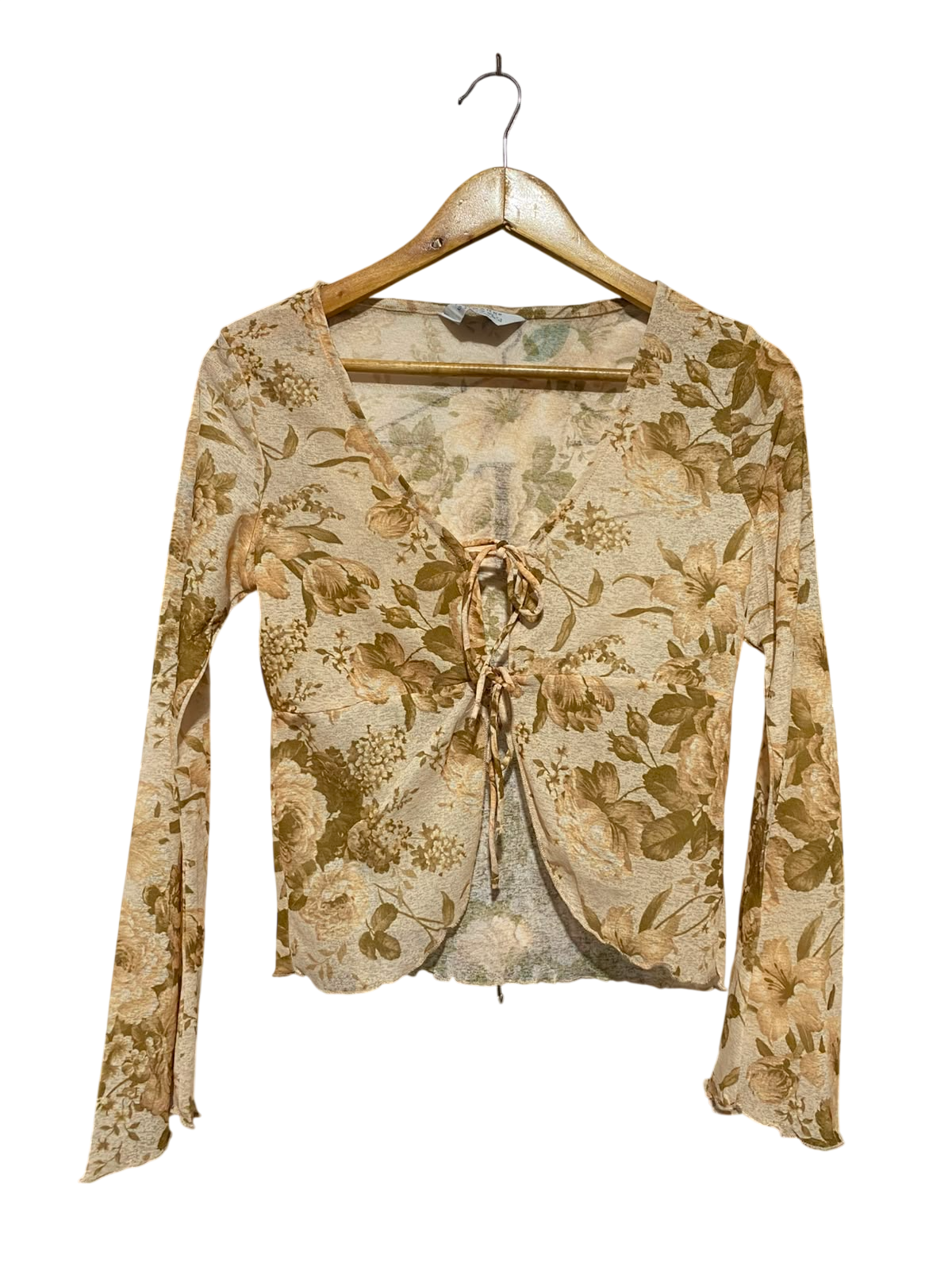 PRIMARK |XS| BUST 18| A8| FLORAL PRINT TIE-FRONT LONG SLEEVE CROP TOP
