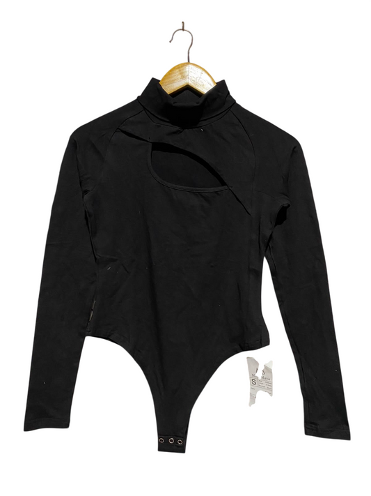 MAY & MAYA |S| BUST 15| A8| BLACK LONG SLEEVE CHEST CUTOUT MOCK NECK BODYSUIT