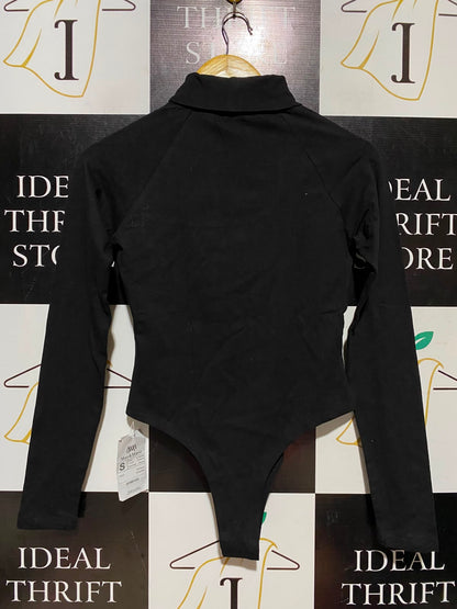 MAY & MAYA |S| BUST 15| A8| BLACK LONG SLEEVE CHEST CUTOUT MOCK NECK BODYSUIT