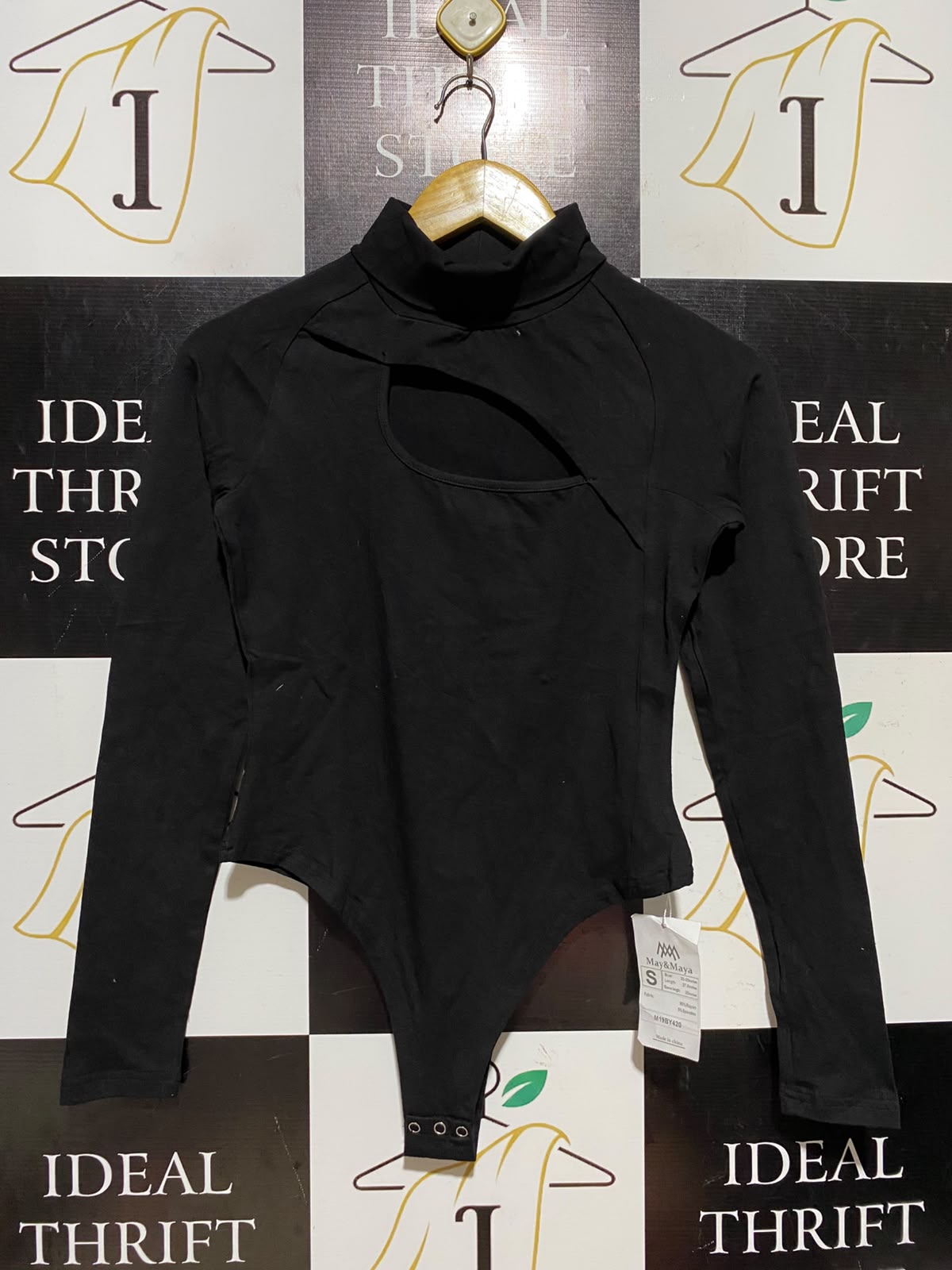 MAY & MAYA |S| BUST 15| A8| BLACK LONG SLEEVE CHEST CUTOUT MOCK NECK BODYSUIT