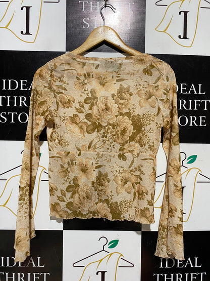 PRIMARK |XS| BUST 18| A8| FLORAL PRINT TIE-FRONT LONG SLEEVE CROP TOP