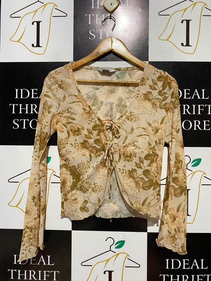PRIMARK |XS| BUST 18| A8| FLORAL PRINT TIE-FRONT LONG SLEEVE CROP TOP