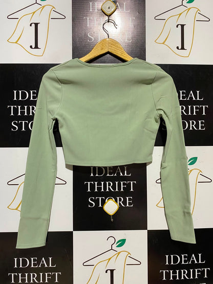 IN THE STYLE |S| BUST 15| A8| SAGE GREEN LONG SLEEVE V-NECK RIBBED CROP TOP
