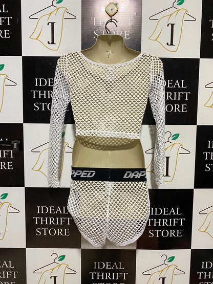 DAPPED |S| A8| WHITE LONG SLEEVE FISHNET MESH TWO-PIECE CROP TOP AND SHORTS SET