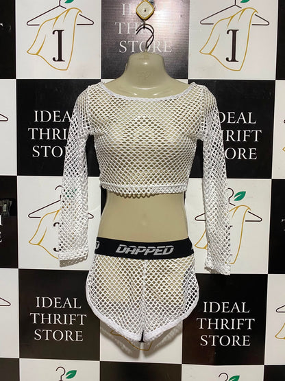 DAPPED |S| A8| WHITE FISHNET MESH TWO-PIECE CROP TOP AND SHORTS SET