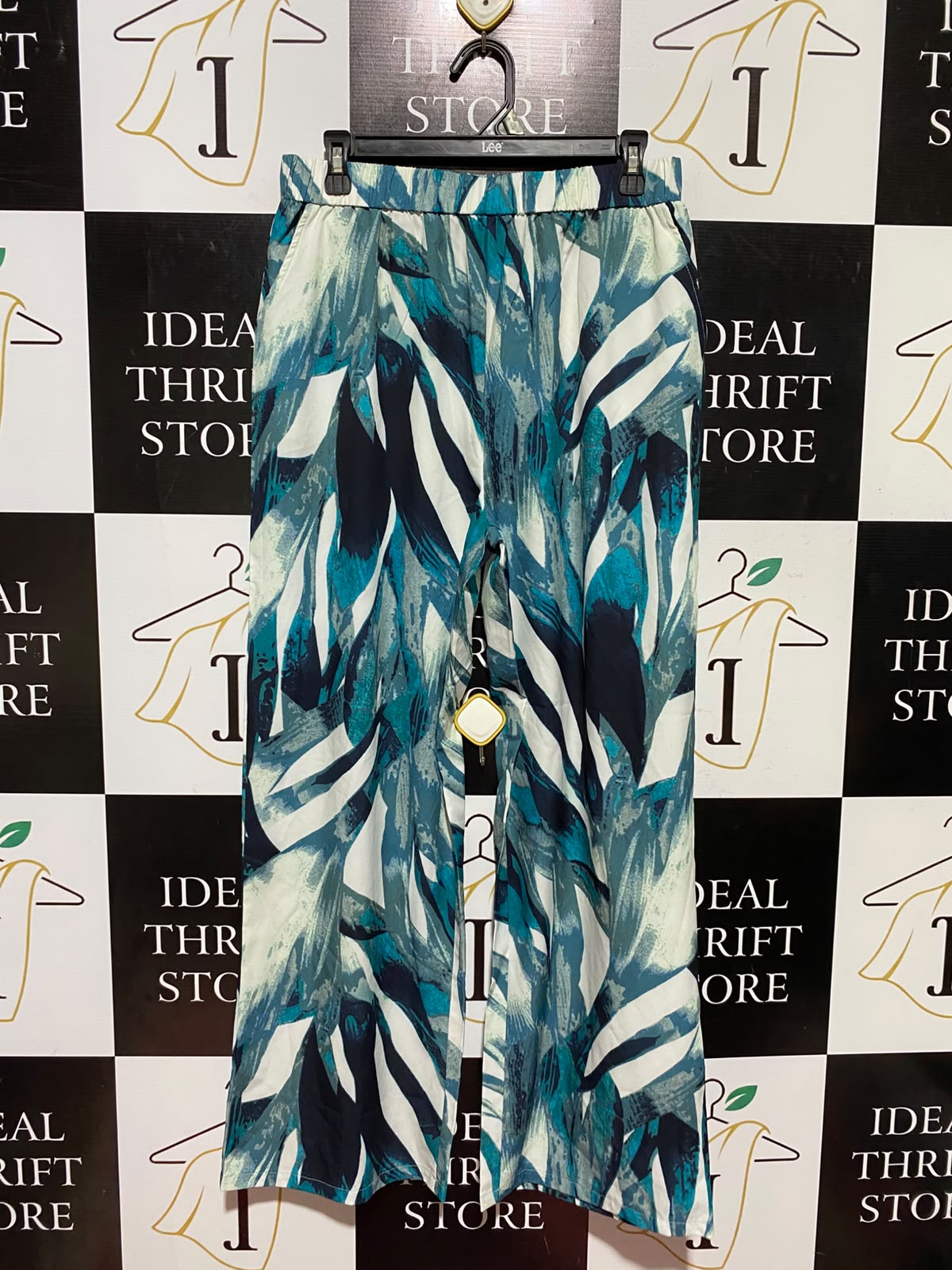 |L| WAIST 29| A8| ABSTRACT PRINT WIDE-LEG ELASTIC WAIST TROUSERS