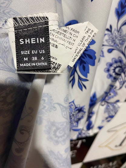 SHEIN |M| BUST 17| A8| BLUE AND WHITE FLORAL PRINT LONG SLEEVE MAXI DRESS