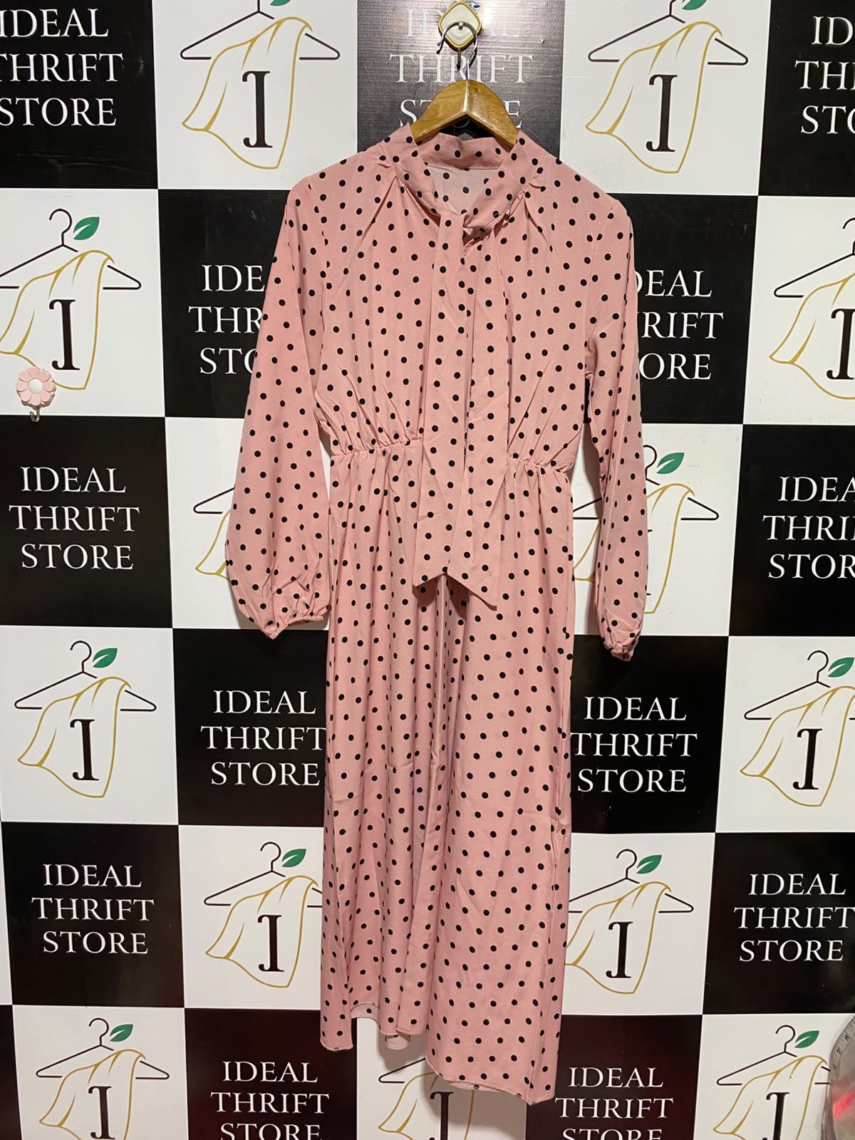 |M| BUST 17| A8| PINK POLKA DOT TIE-NECK LONG SLEEVE MAXI DRESS