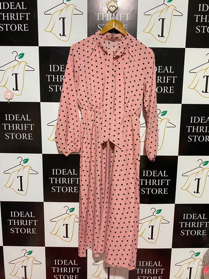 |M| BUST 17| A8| PINK POLKA DOT TIE-NECK LONG SLEEVE MAXI DRESS