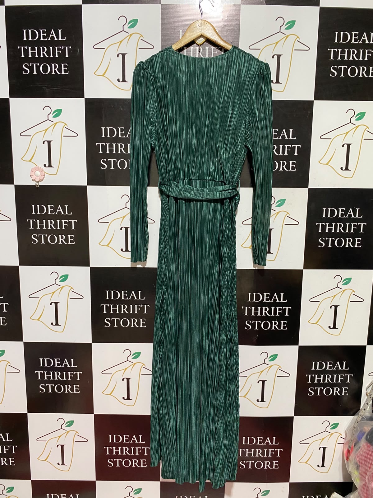 FARACCO |M| BUST 17| A8| EMERALD GREEN PLEATED WRAP LONG SLEEVE MAXI DRESS
