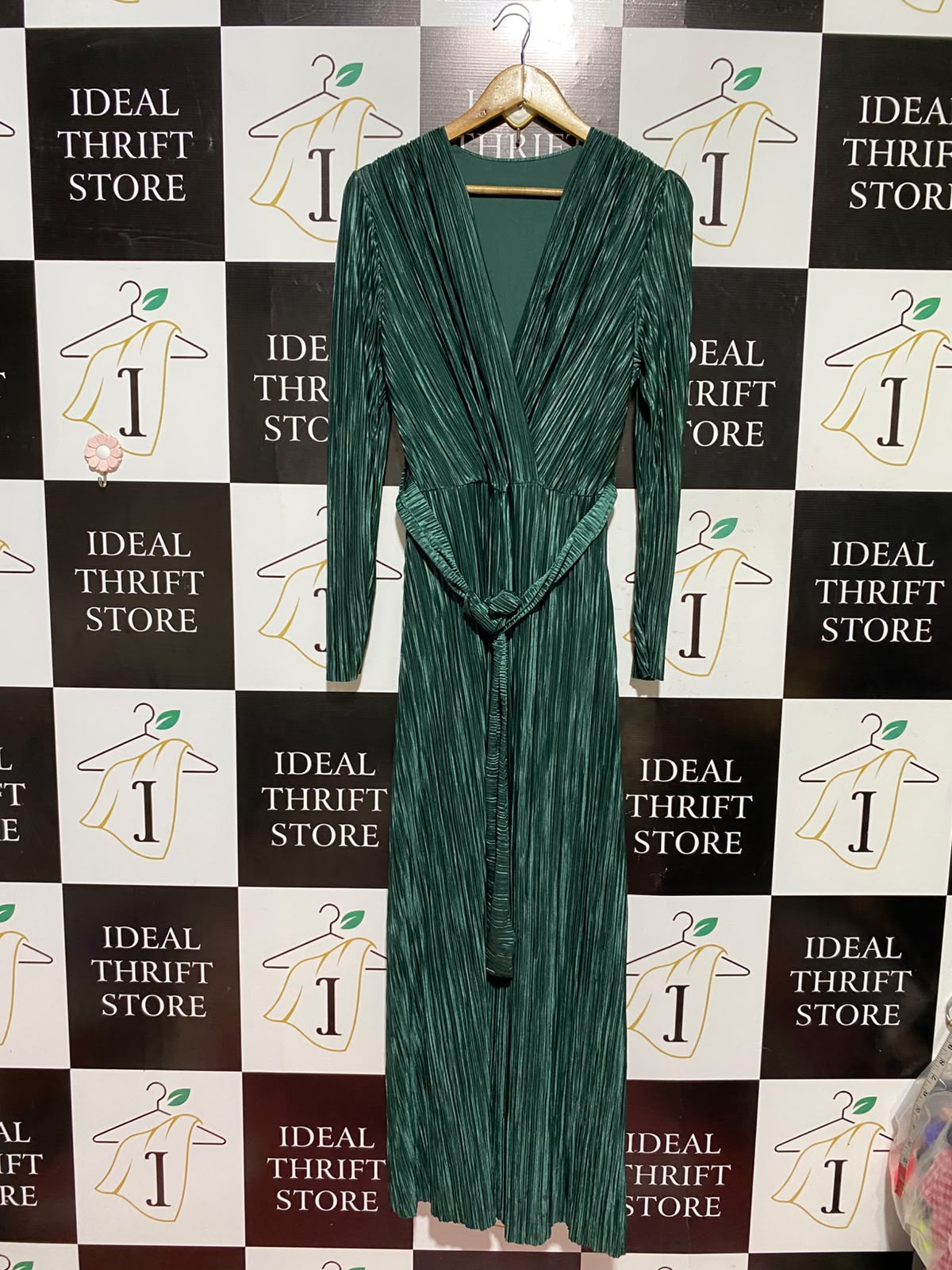 FARACCO |M| BUST 17| A8| EMERALD GREEN PLEATED WRAP LONG SLEEVE MAXI DRESS