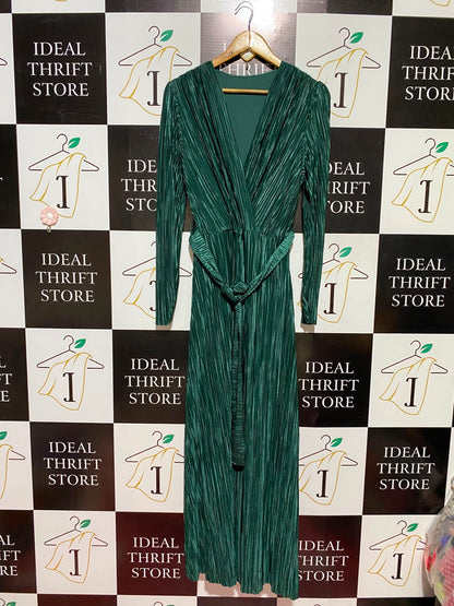 FARACCO |M| BUST 17| A8| EMERALD GREEN PLEATED WRAP LONG SLEEVE MAXI DRESS
