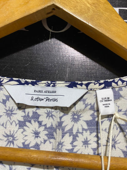 PARIS AYELIER |M| BUST 17| A8| NAVY AND WHITE DAISY FLORAL PRINT BUTTON-FRONT MIDI DRESS
