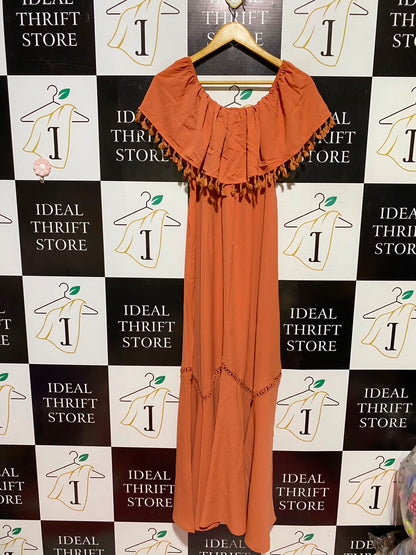 BOOHOO |S| BUST 15| A8| RUST ORANGE OFF-SHOULDER TASSEL MAXI DRESS