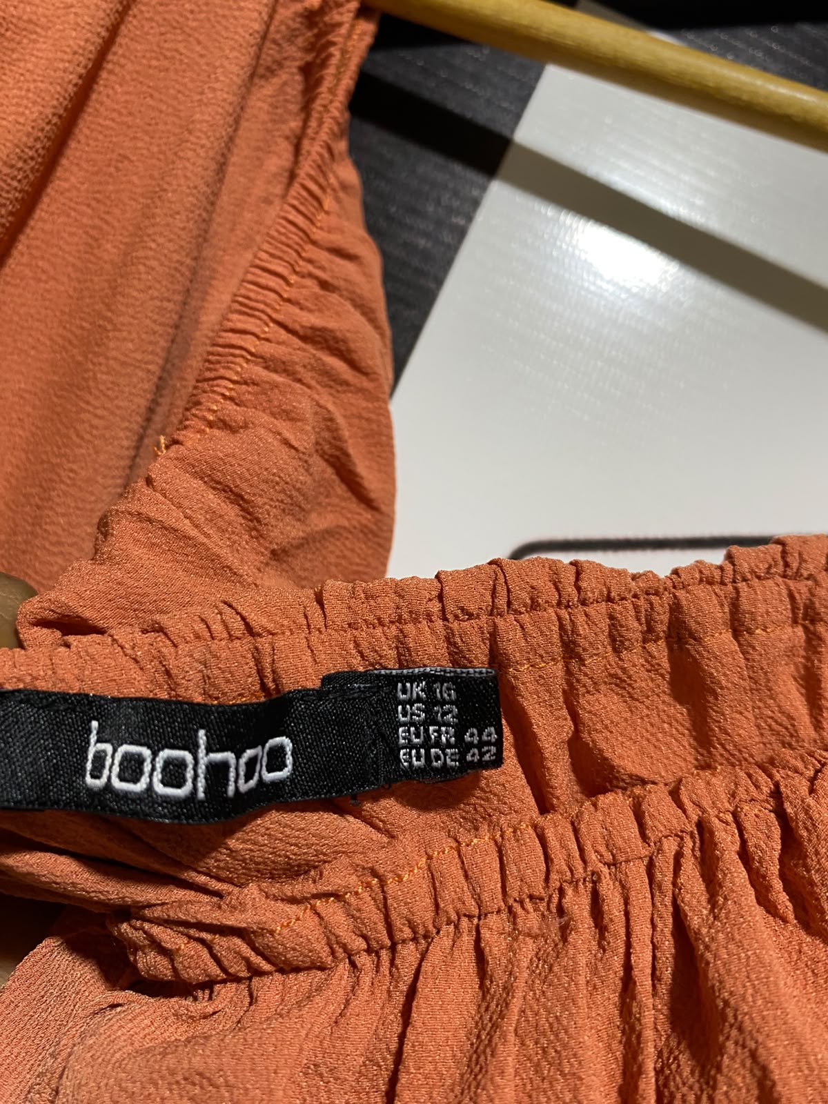 BOOHOO |S| BUST 15| A8| RUST ORANGE OFF-SHOULDER TASSEL MAXI DRESS
