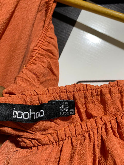 BOOHOO |S| BUST 15| A8| RUST ORANGE OFF-SHOULDER TASSEL MAXI DRESS