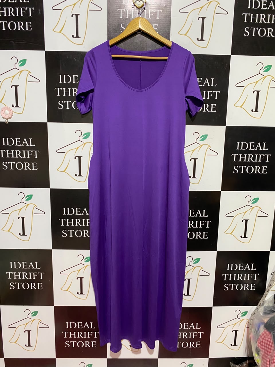 |L| BUST 19| A8| PURPLE SHORT SLEEVE V-NECK MAXI DRESS