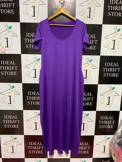 |L| BUST 19| A8| PURPLE SHORT SLEEVE V-NECK MAXI DRESS