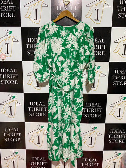 NUTMEG |M| BUST FREE| A8| GREEN AND WHITE ABSTRACT PRINT TIE-NECK MAXI DRESS