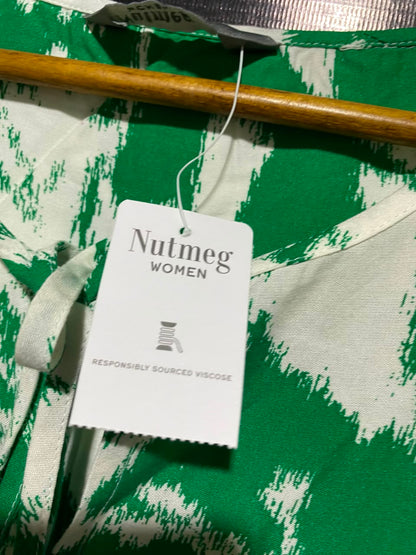 NUTMEG |M| BUST FREE| A8| GREEN AND WHITE ABSTRACT PRINT TIE-NECK MAXI DRESS