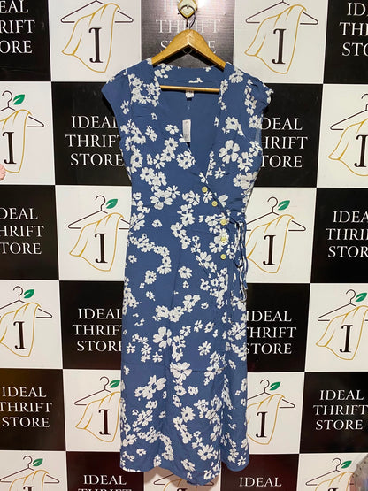 GAP |M| BUST 18| A8| BLUE AND WHITE FLORAL PRINT BUTTON-SIDE WRAP MIDI DRESS