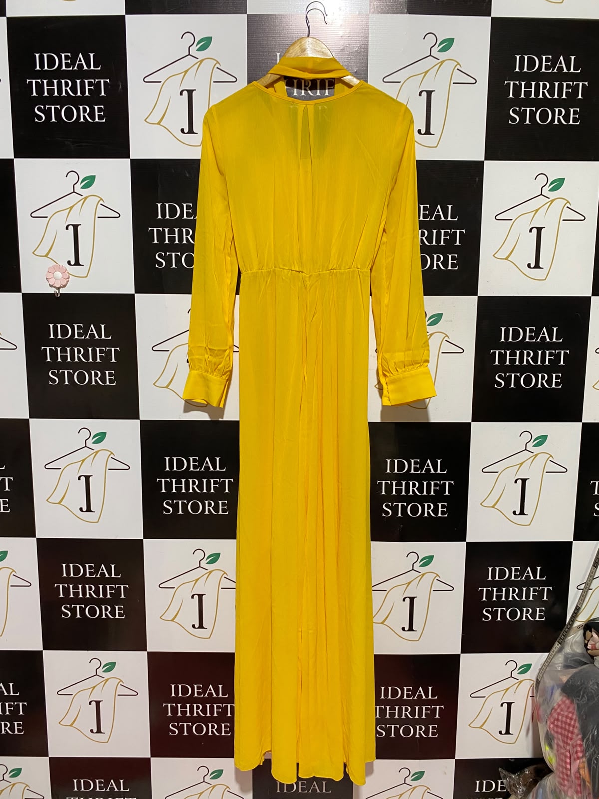 |M| BUST 17| A8| BRIGHT YELLOW FRONT-TIE LONG SLEEVE MAXI DRESS